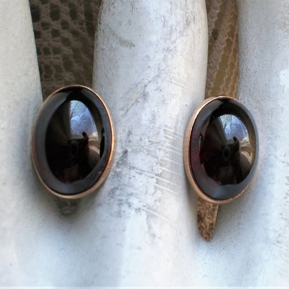 Antique Art Deco Solid 14K Rose Pink Gold Red Garnet Cabochon Cufflinks